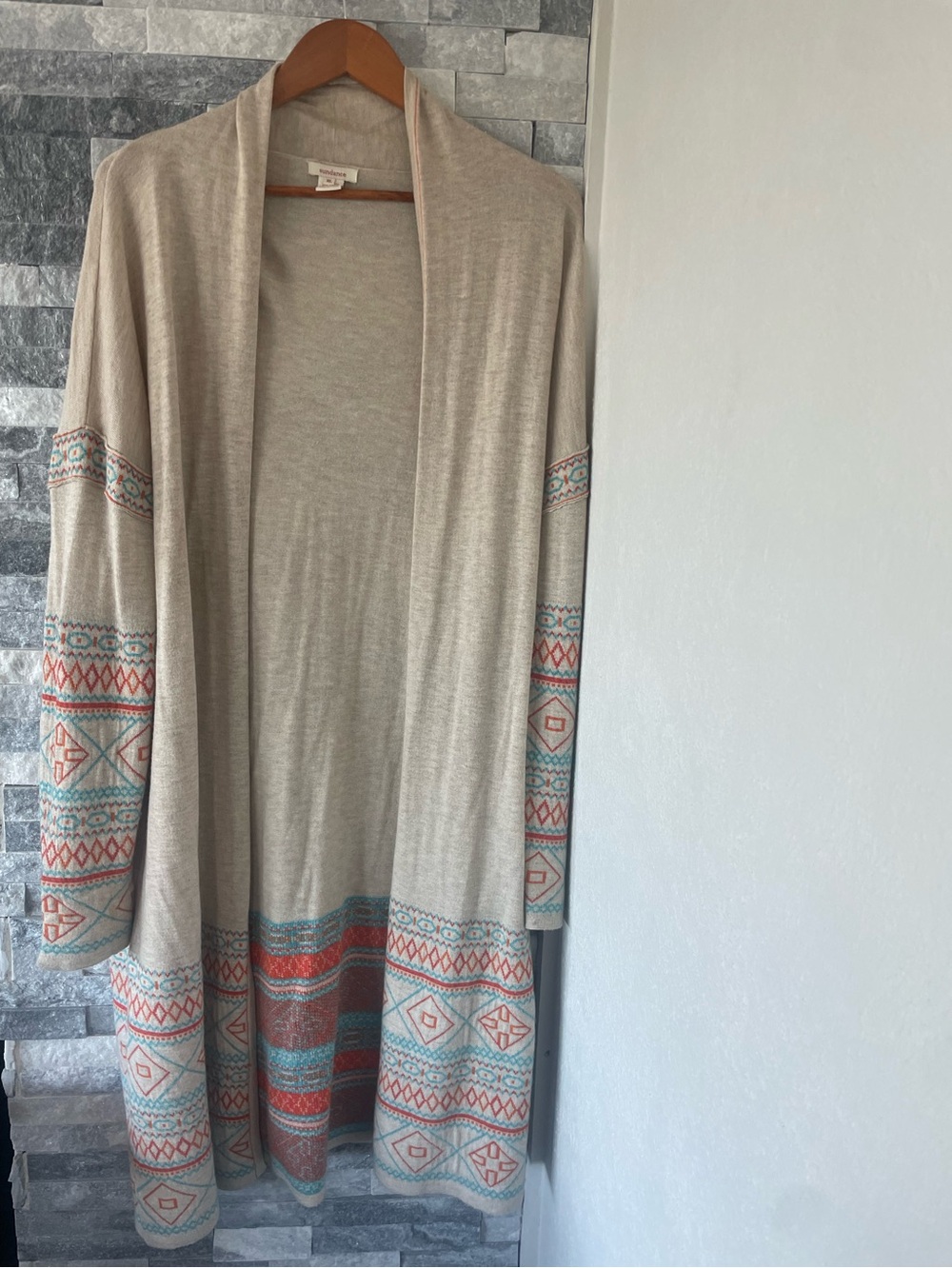 Women SUNDANCE Long Open Wool Blend Duster Southwest Design Sweater-Beige-XL